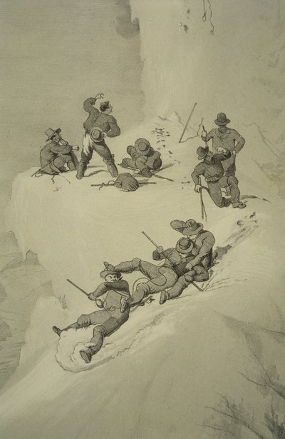Et fald på opstigningen, fra ti scener i den sidste opstigning af Mont Blanc inklusive fem udsigter fra topmødet, af J.D.H. Browne, udgivet 1853 af English School